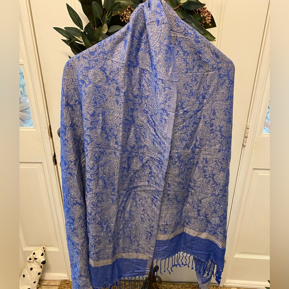 Pashmina Blue Silk Paisley Scarf with Fringe